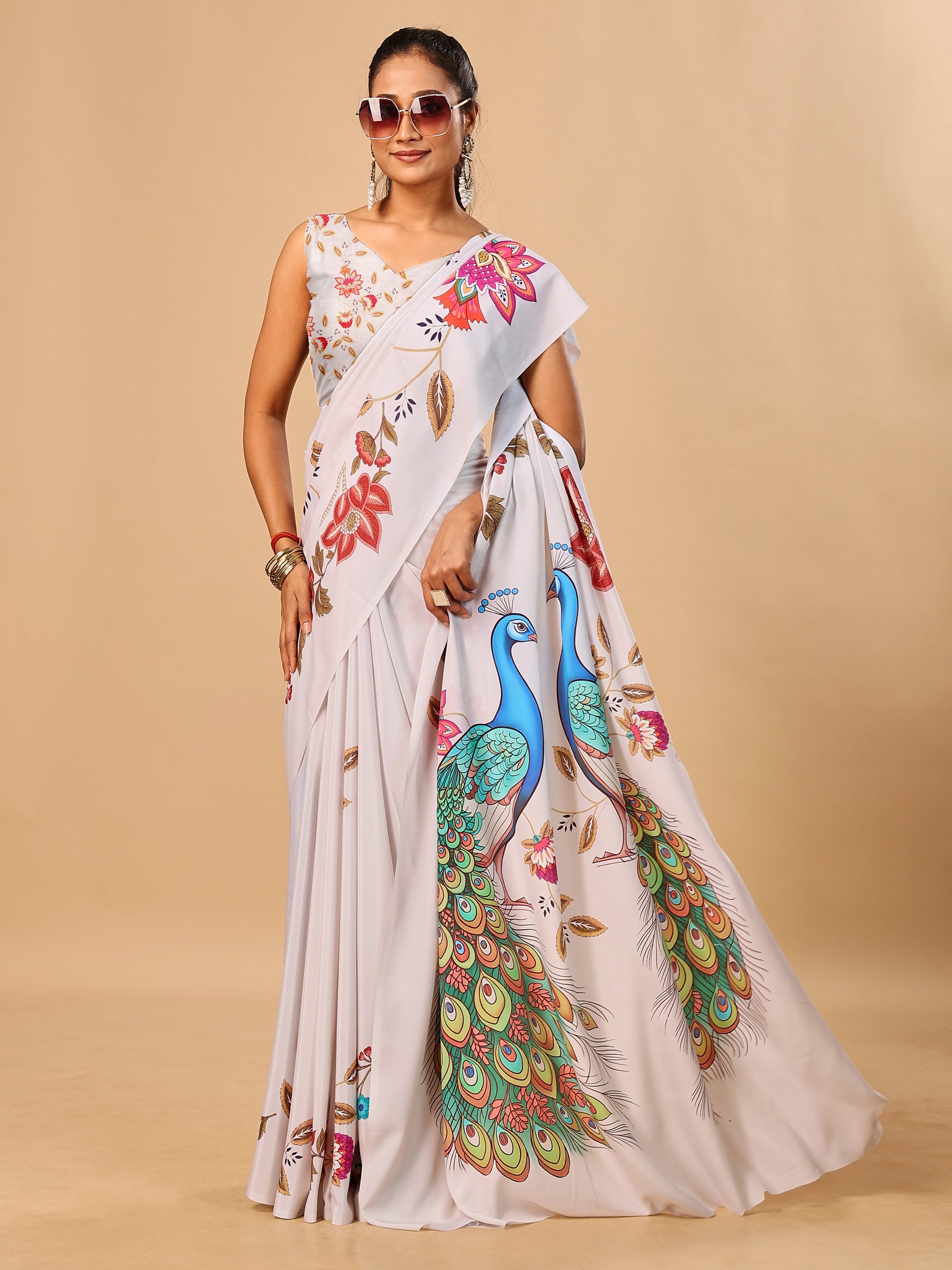 Off White Soft Crepe Silk Saree with Peacock & Floral Digital Prints