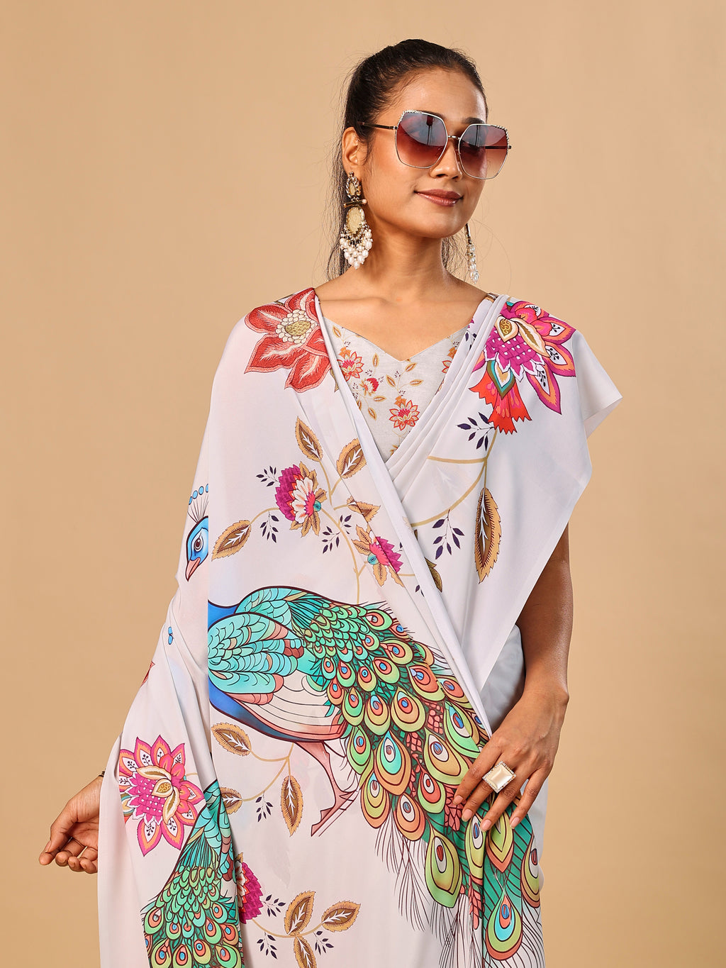 Off White Soft Crepe Silk Saree with Peacock & Floral Digital Prints
