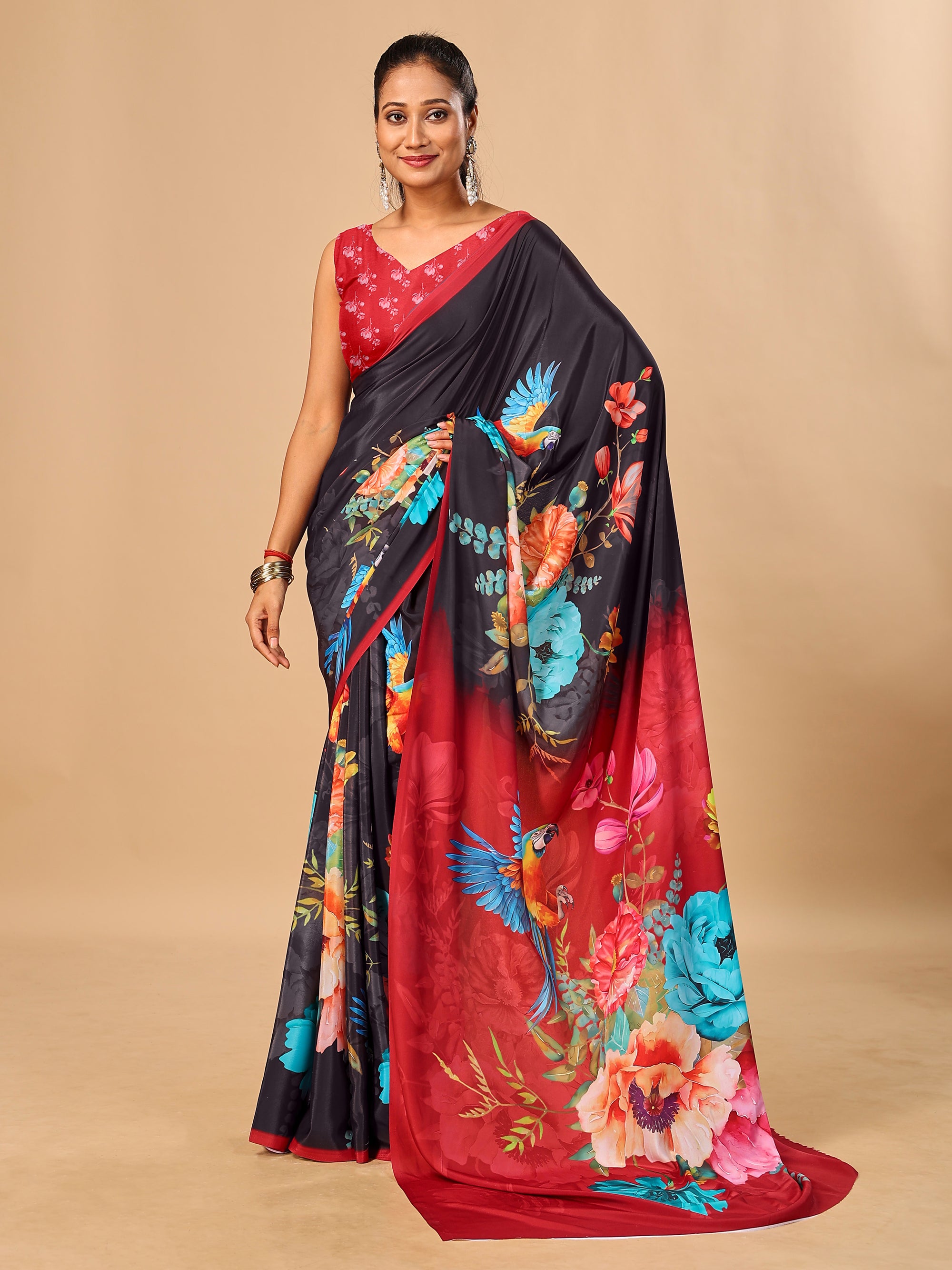 Black Soft Butter Crepe Silk Saree with Fancy Floral Digital Prints