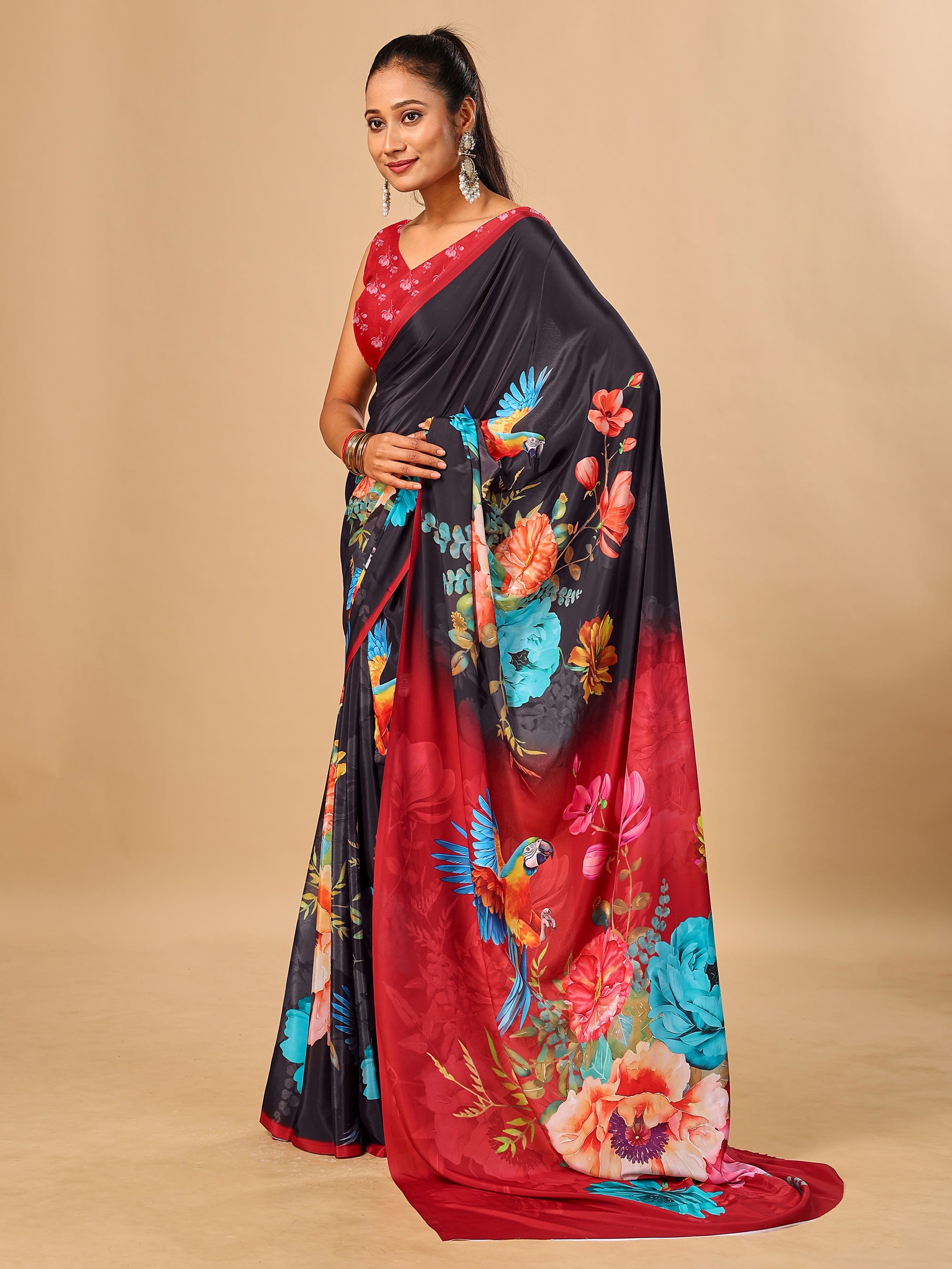 Black Soft Butter Crepe Silk Saree with Fancy Floral Digital Prints