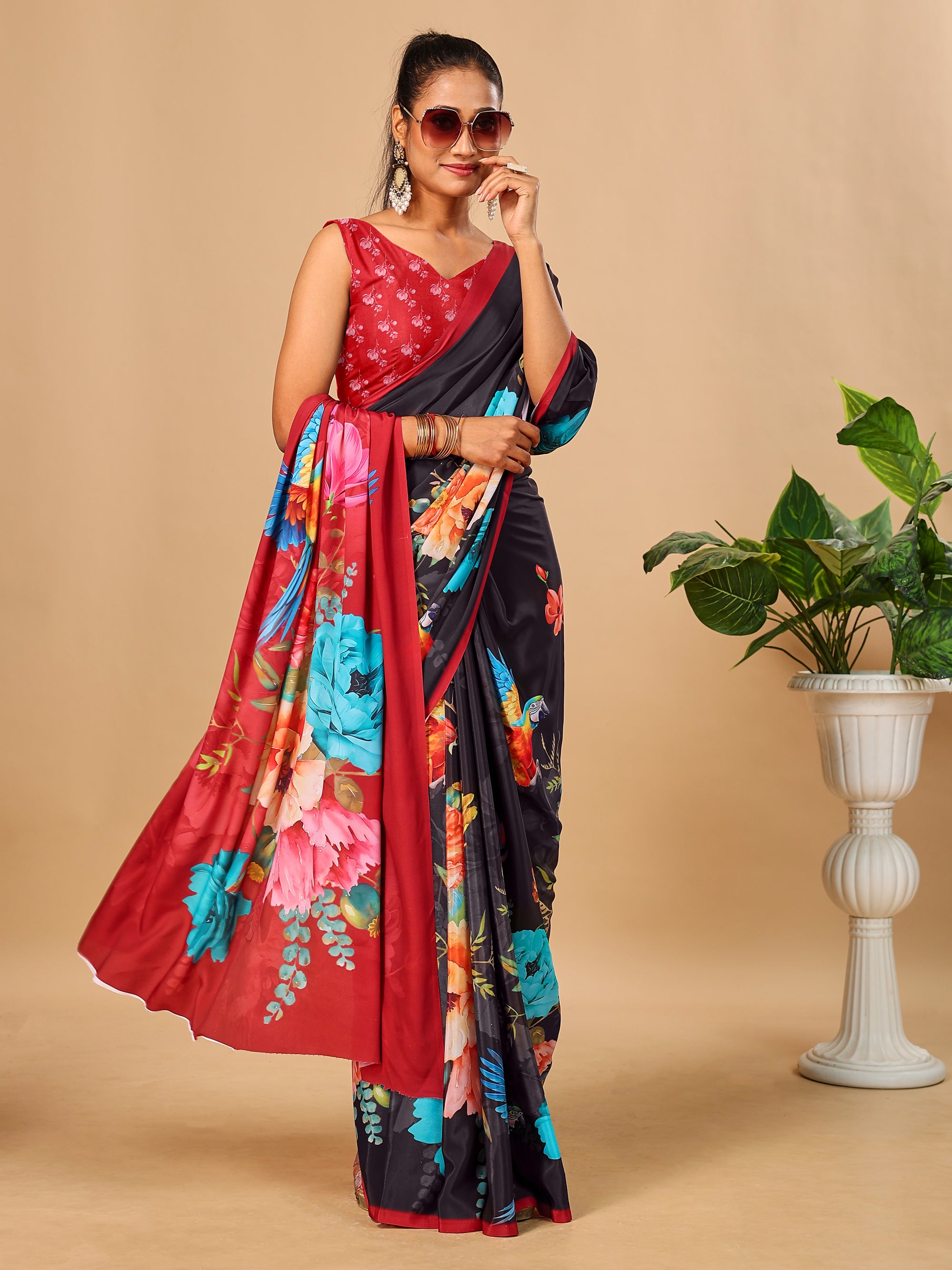 Black Soft Butter Crepe Silk Saree with Fancy Floral Digital Prints