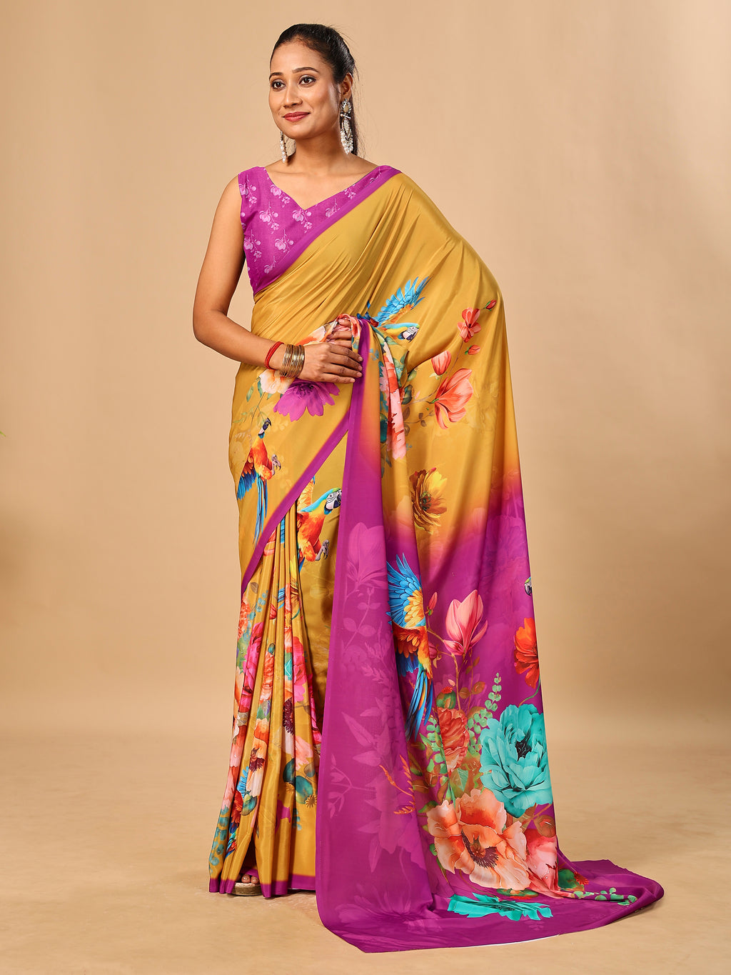 Mustard Soft Butter Crepe Silk Saree with Fancy Floral Digital Prints