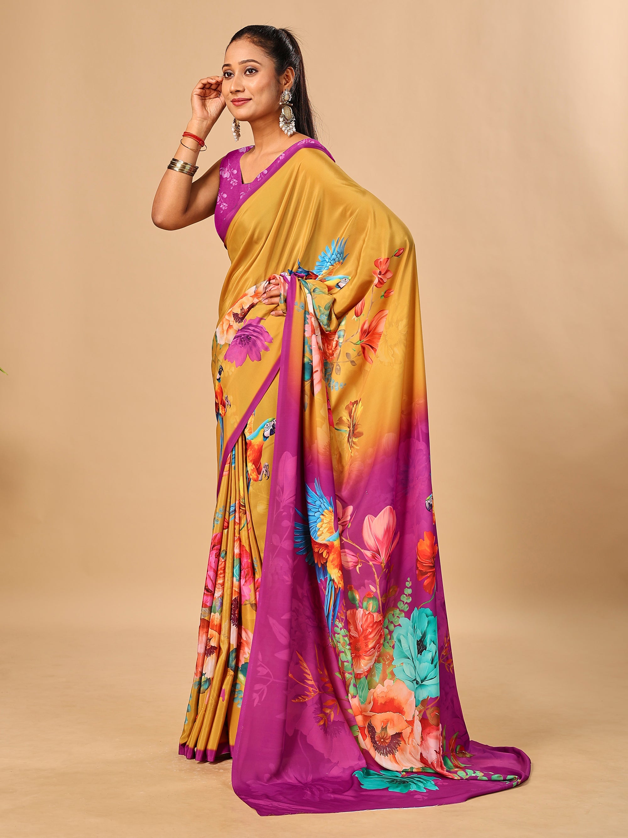 Mustard Soft Butter Crepe Silk Saree with Fancy Floral Digital Prints