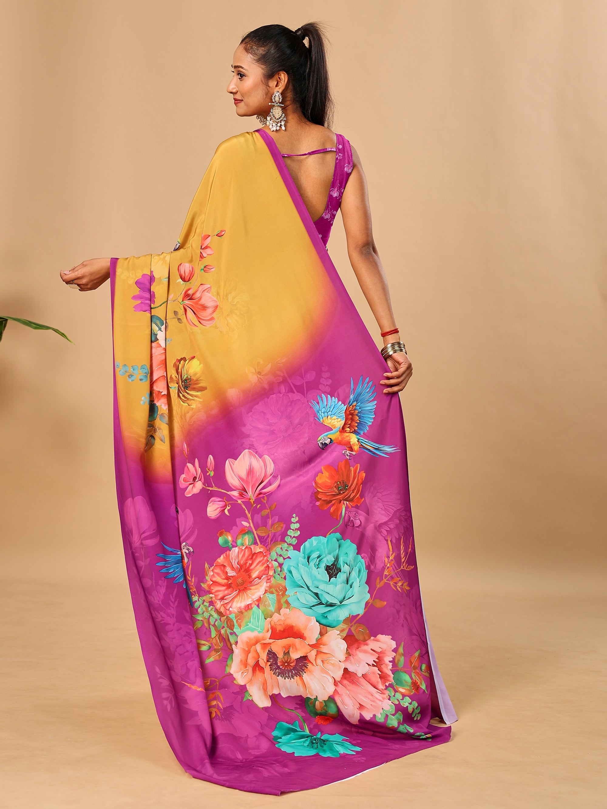 Mustard Soft Butter Crepe Silk Saree with Fancy Floral Digital Prints