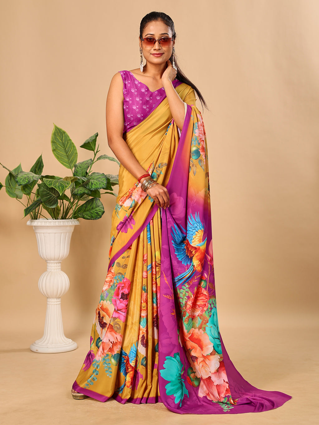 Mustard Soft Butter Crepe Silk Saree with Fancy Floral Digital Prints