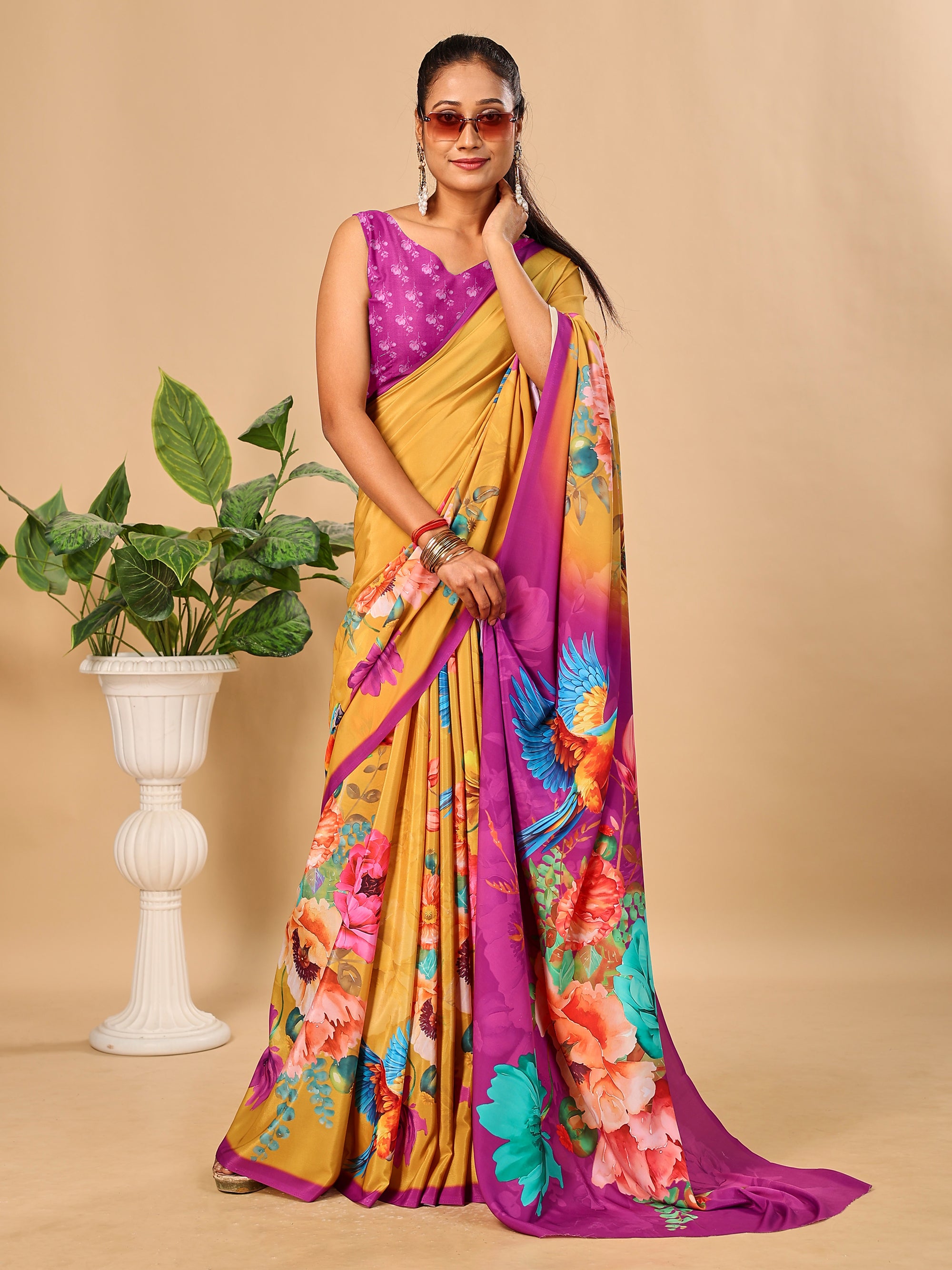 Mustard Soft Butter Crepe Silk Saree with Fancy Floral Digital Prints