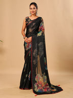 Black Soft Space Silk Saree with Fancy Digital Prints And Handwork