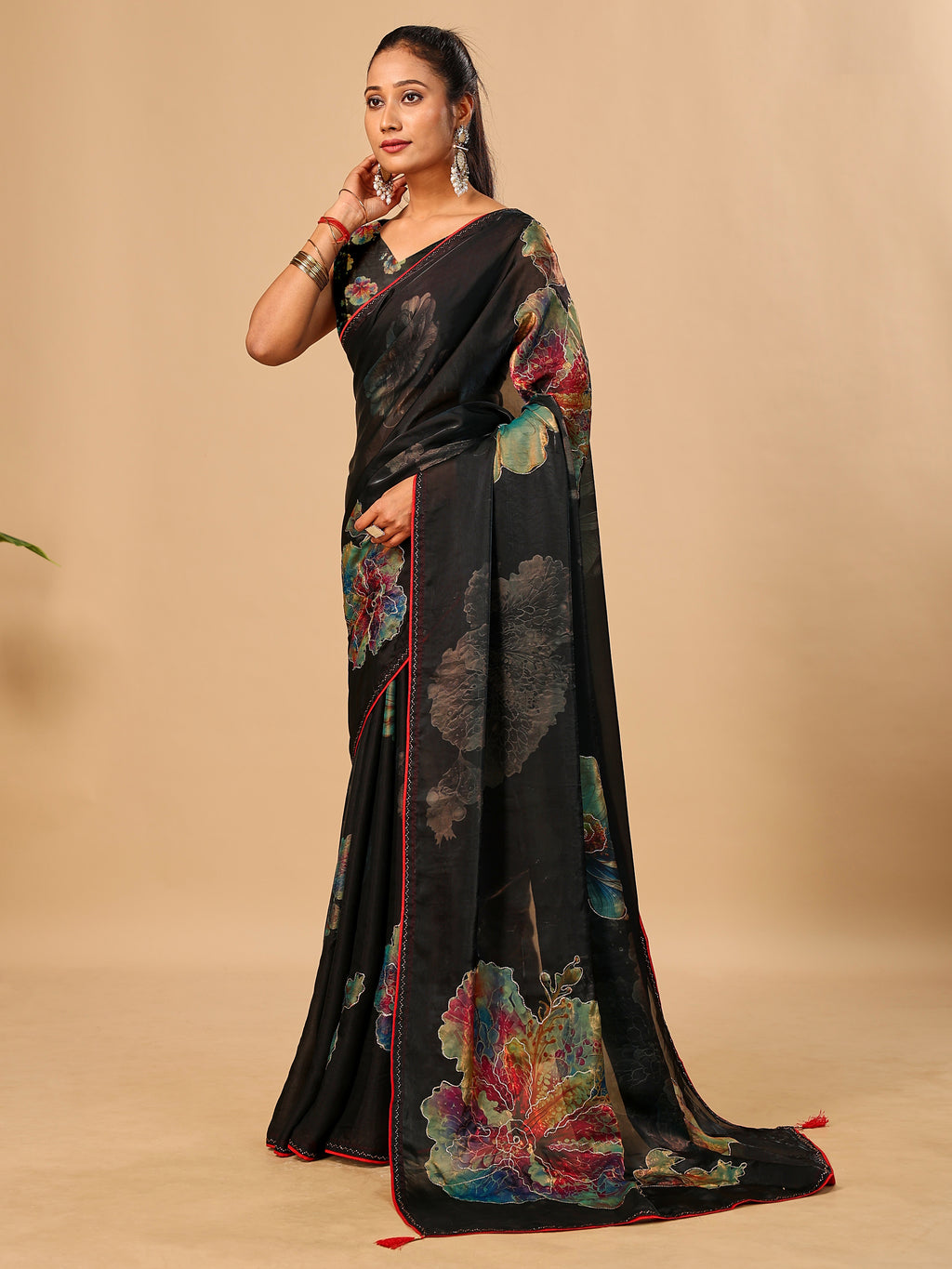 Black Soft Space Silk Saree with Fancy Digital Prints And Handwork