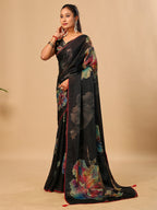 Black Soft Space Silk Saree with Fancy Digital Prints And Handwork