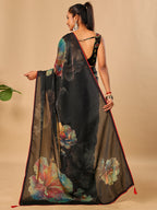 Black Soft Space Silk Saree with Fancy Digital Prints And Handwork