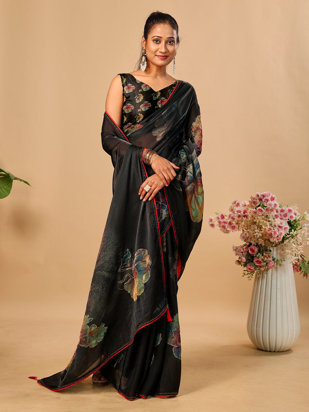 Black Soft Space Silk Saree with Fancy Digital Prints And Handwork