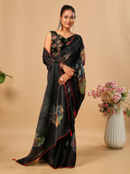 Black Soft Space Silk Saree with Fancy Digital Prints And Handwork