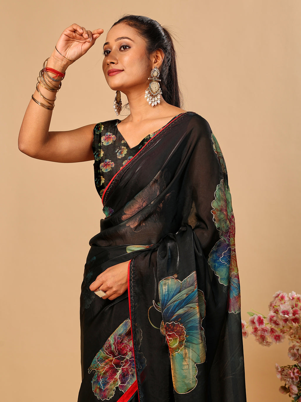 Black Soft Space Silk Saree with Fancy Digital Prints And Handwork