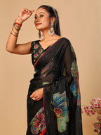 Black Soft Space Silk Saree with Fancy Digital Prints And Handwork