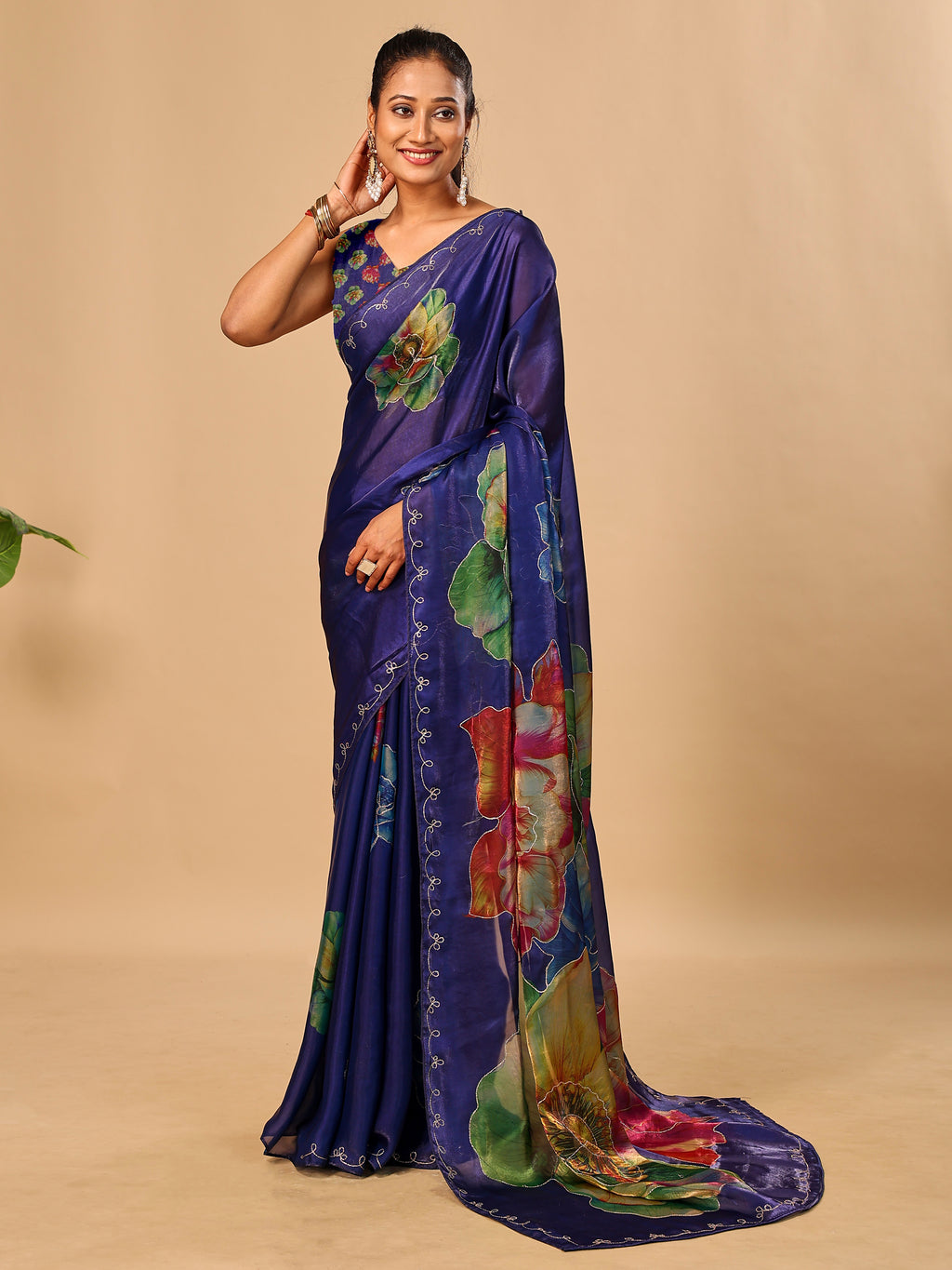 Purple Soft Space Silk Saree with Fancy Digital Prints And Handwork