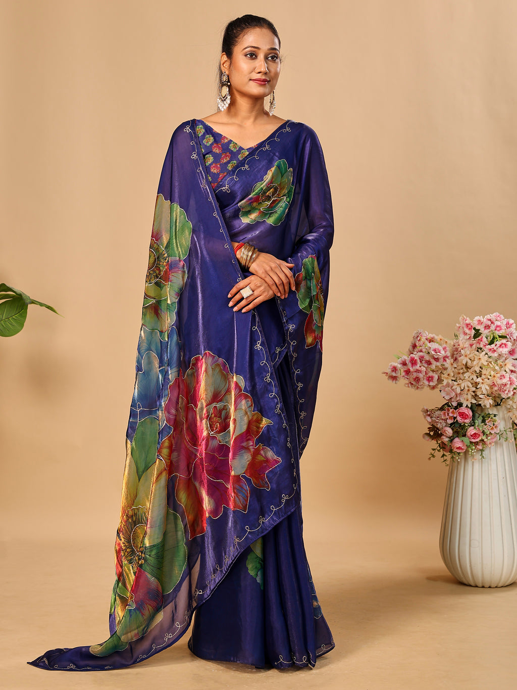Purple Soft Space Silk Saree with Fancy Digital Prints And Handwork