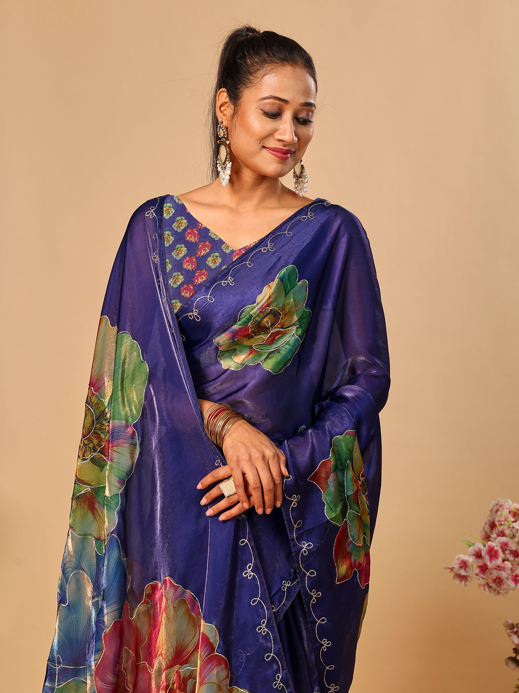 Purple Soft Space Silk Saree with Fancy Digital Prints And Handwork