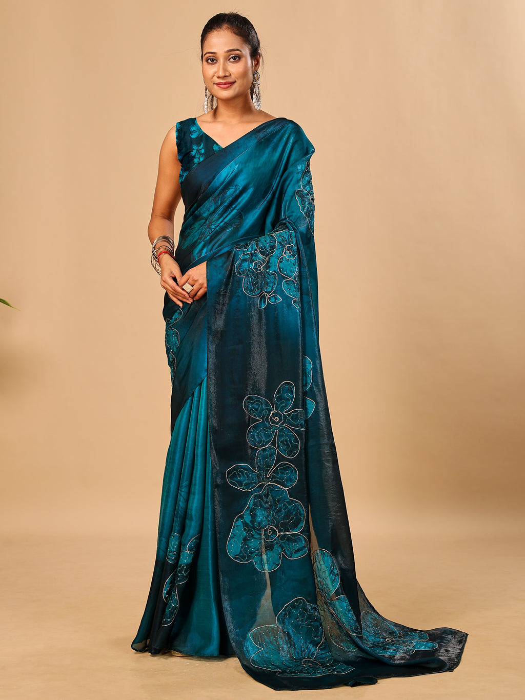 Teal Blue Soft Space Silk Saree with Fancy Digital Prints And Handwork