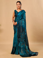Teal Blue Soft Space Silk Saree with Fancy Digital Prints And Handwork