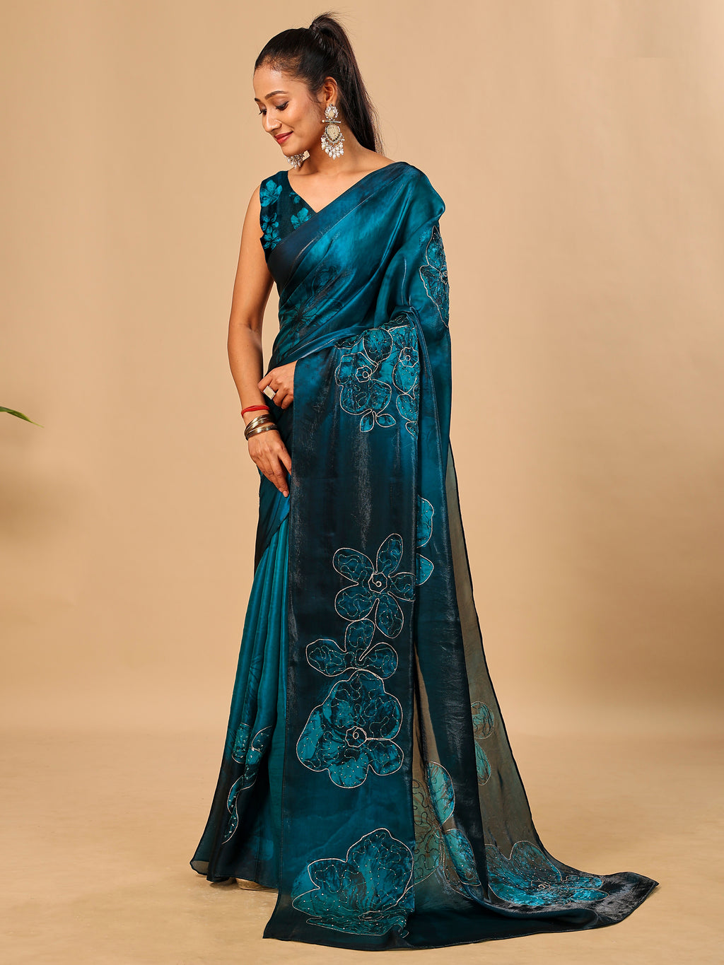 Teal Blue Soft Space Silk Saree with Fancy Digital Prints And Handwork