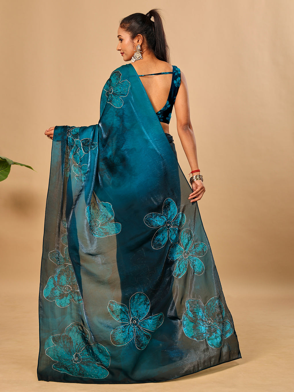 Teal Blue Soft Space Silk Saree with Fancy Digital Prints And Handwork