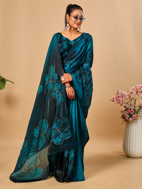 Teal Blue Soft Space Silk Saree with Fancy Digital Prints And Handwork
