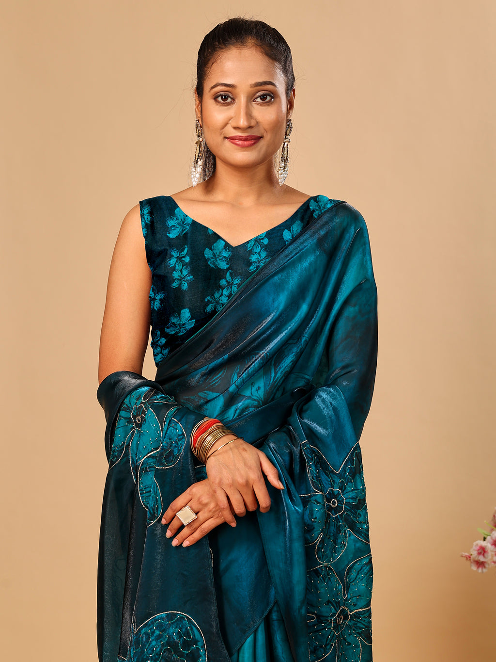 Teal Blue Soft Space Silk Saree with Fancy Digital Prints And Handwork