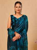 Teal Blue Soft Space Silk Saree with Fancy Digital Prints And Handwork