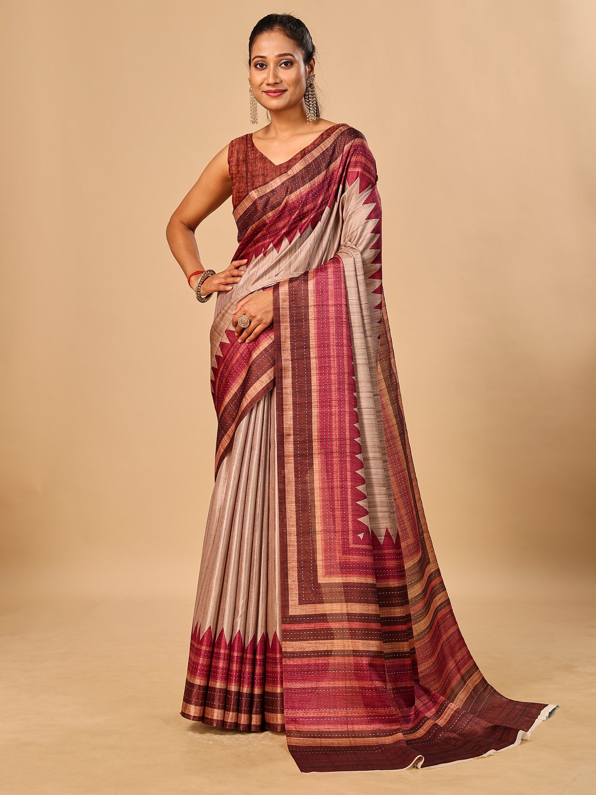 Maroon Soft Tussar Silk Kantha Stitch Printed Saree with Temple Border