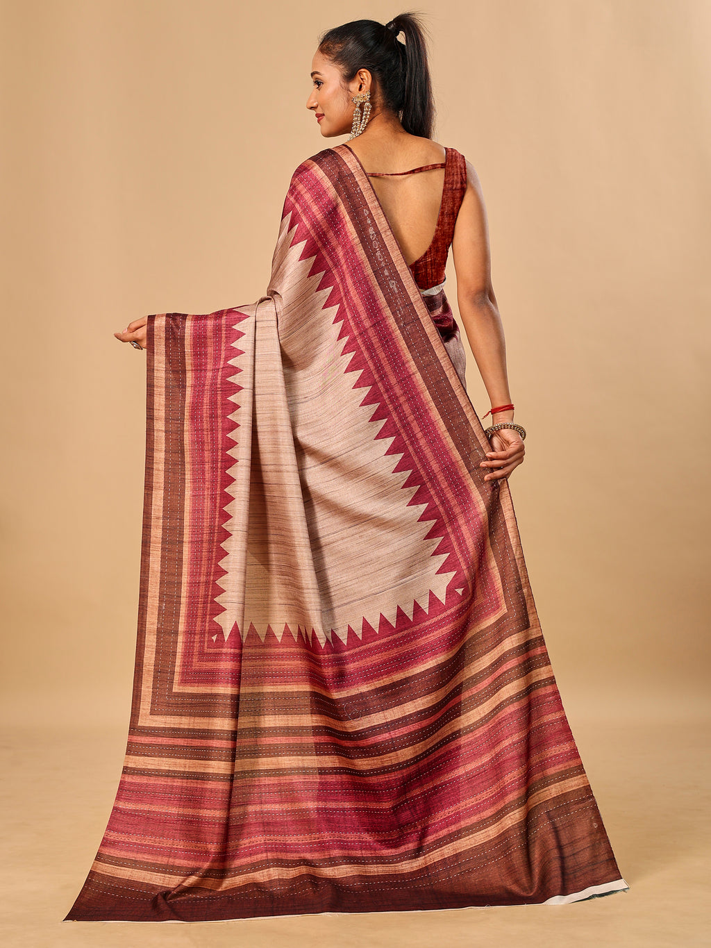 Maroon Soft Tussar Silk Kantha Stitch Printed Saree with Temple Border