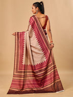 Maroon Soft Tussar Silk Kantha Stitch Printed Saree with Temple Border