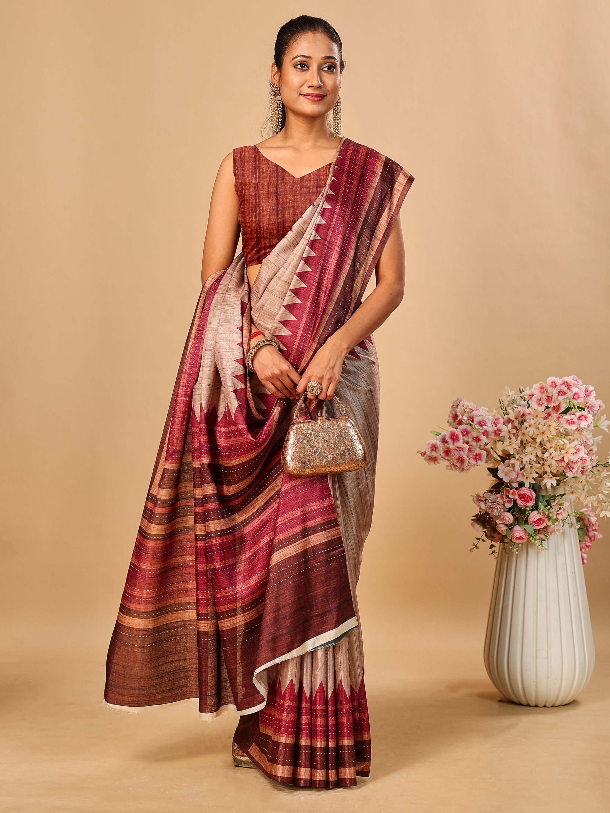 Maroon Soft Tussar Silk Kantha Stitch Printed Saree with Temple Border