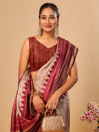Maroon Soft Tussar Silk Kantha Stitch Printed Saree with Temple Border