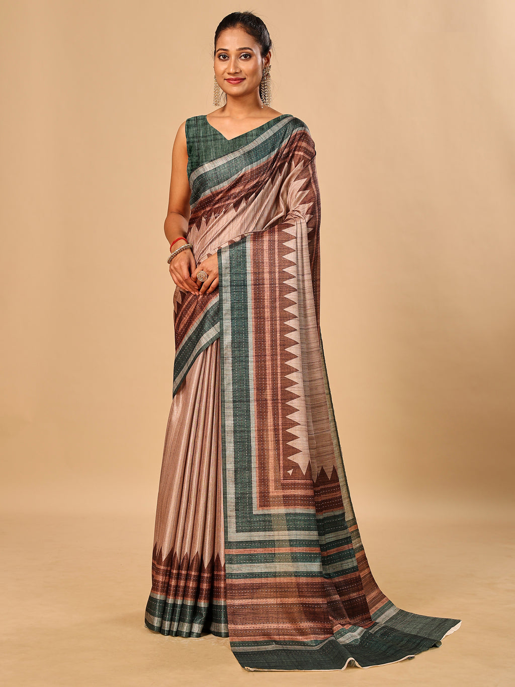 Green Soft Tussar Silk Kantha Stitch Printed Saree with Temple Border