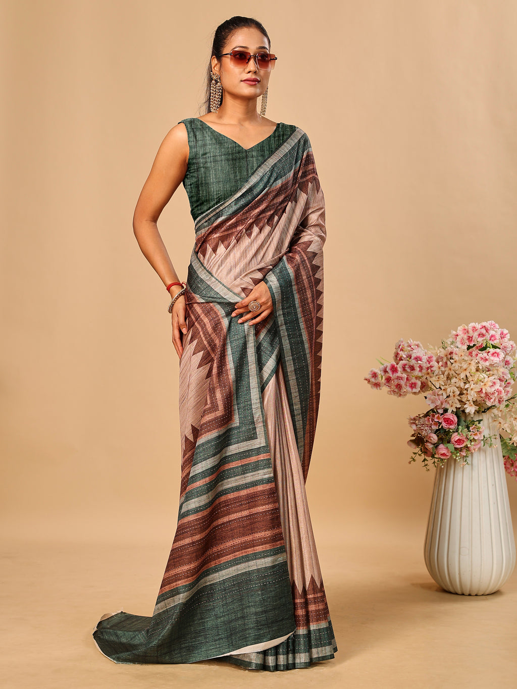 Green Soft Tussar Silk Kantha Stitch Printed Saree with Temple Border