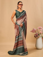Green Soft Tussar Silk Kantha Stitch Printed Saree with Temple Border