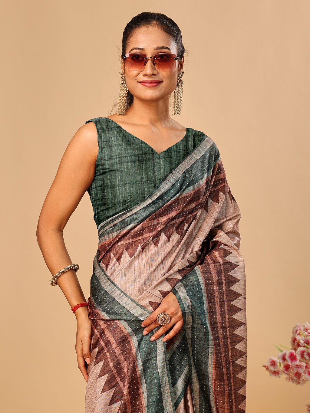 Green Soft Tussar Silk Kantha Stitch Printed Saree with Temple Border