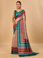 Teal Blue Soft Tussar Silk Kantha Stitch Printed Saree with Temple Border