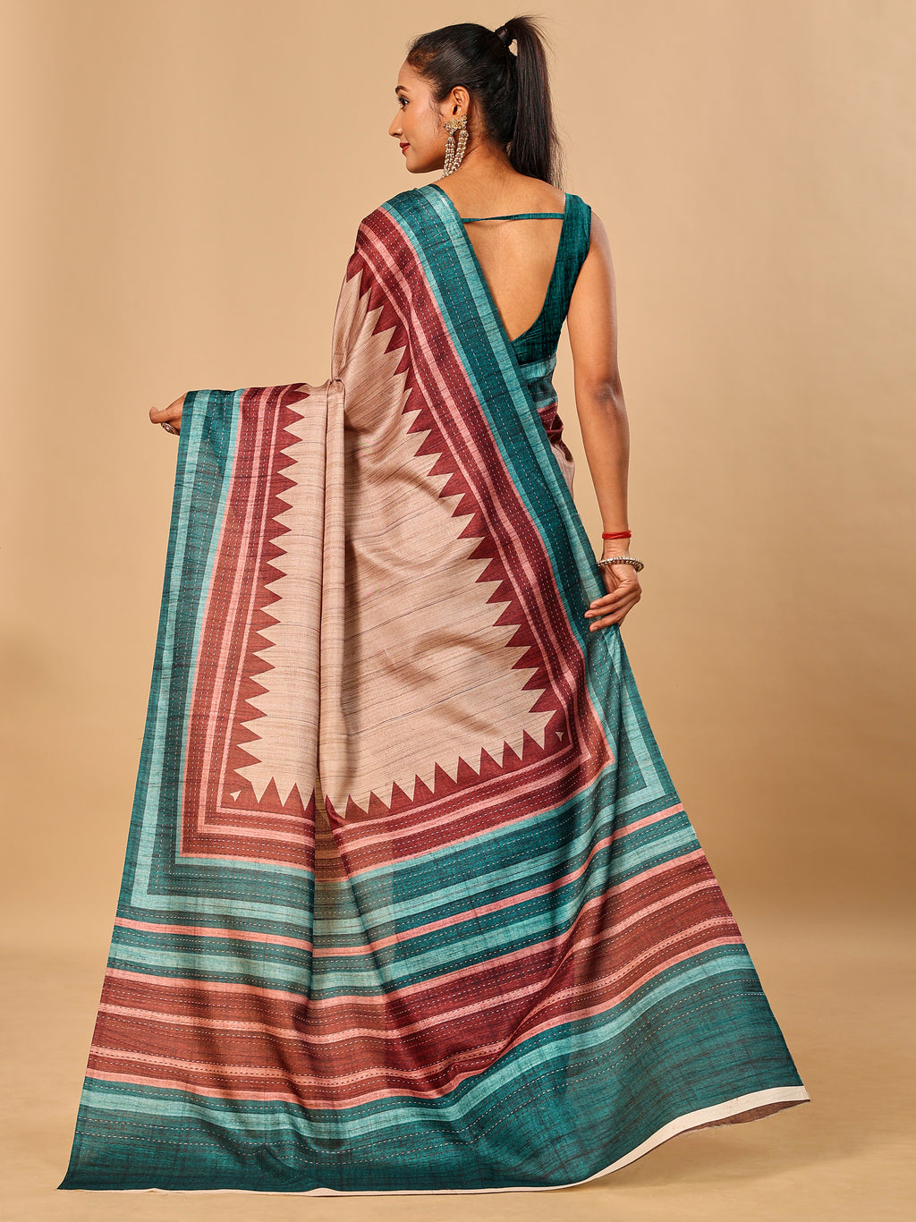Teal Blue Soft Tussar Silk Kantha Stitch Printed Saree with Temple Border
