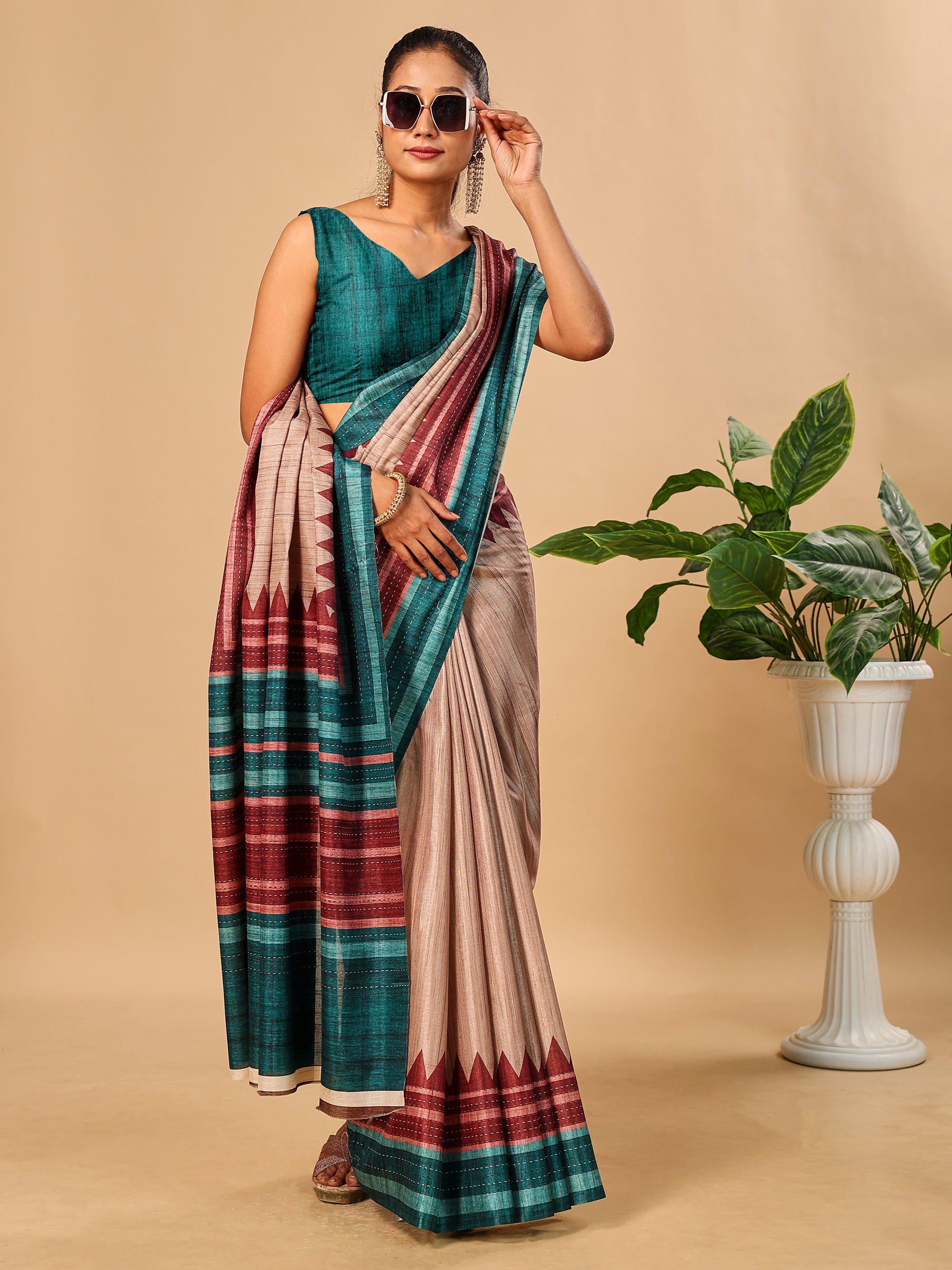 Teal Blue Soft Tussar Silk Kantha Stitch Printed Saree with Temple Border