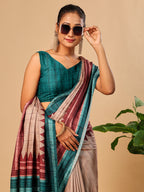 Teal Blue Soft Tussar Silk Kantha Stitch Printed Saree with Temple Border