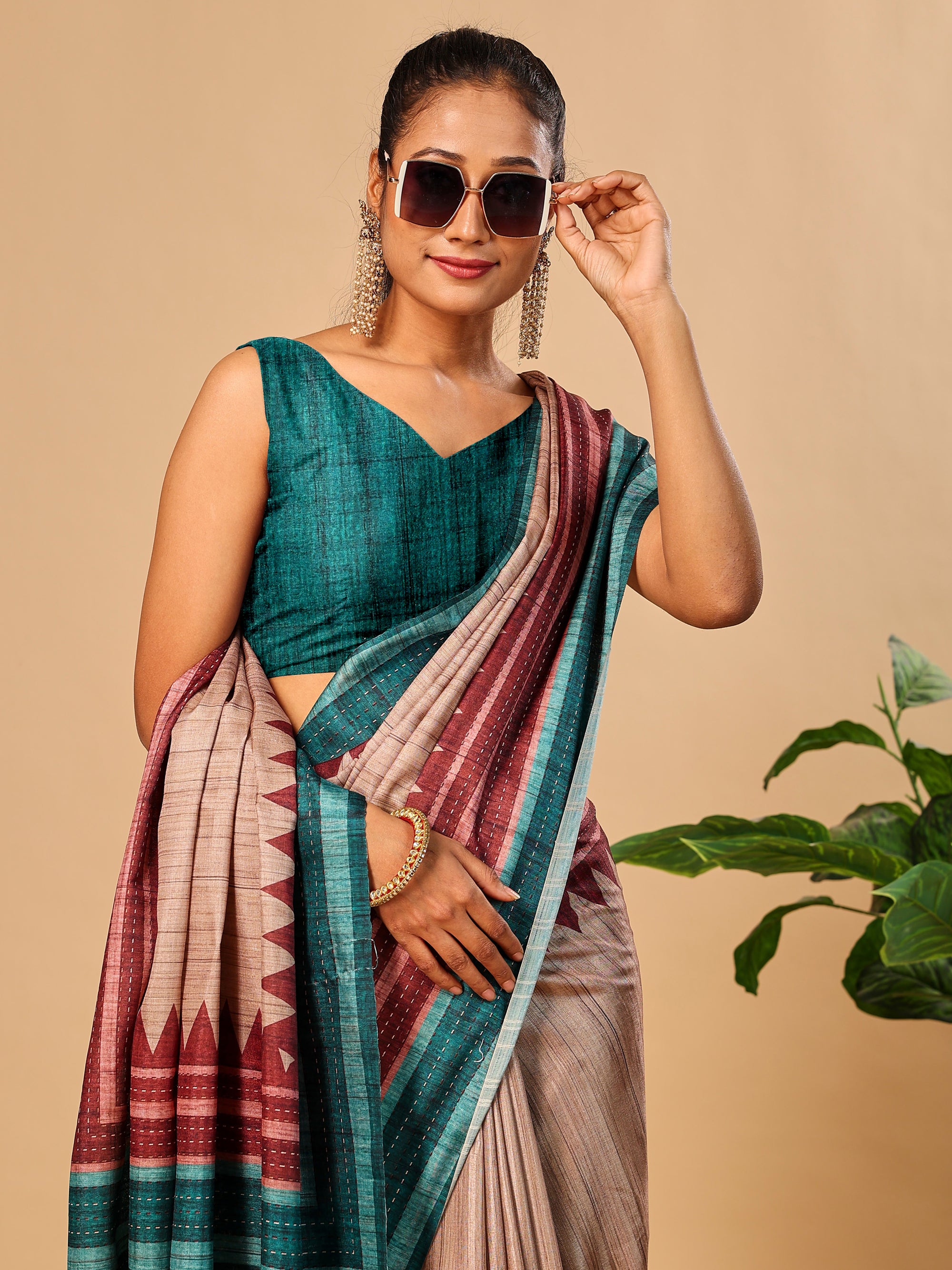 Teal Blue Soft Tussar Silk Kantha Stitch Printed Saree with Temple Border