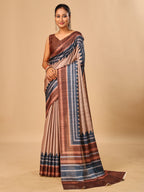 Brown Soft Tussar Silk Kantha Stitch Printed Saree with Temple Border