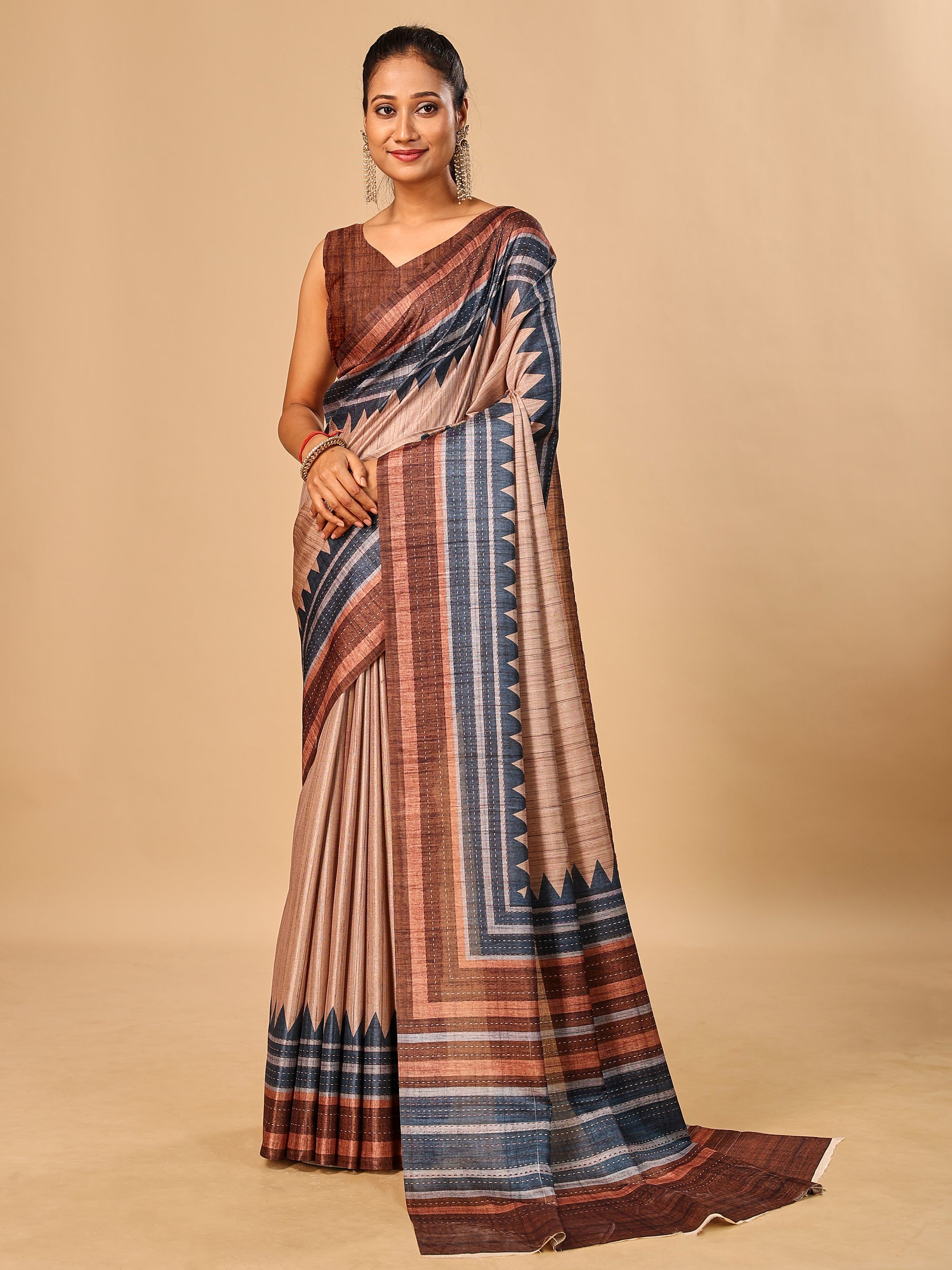 Brown Soft Tussar Silk Kantha Stitch Printed Saree with Temple Border