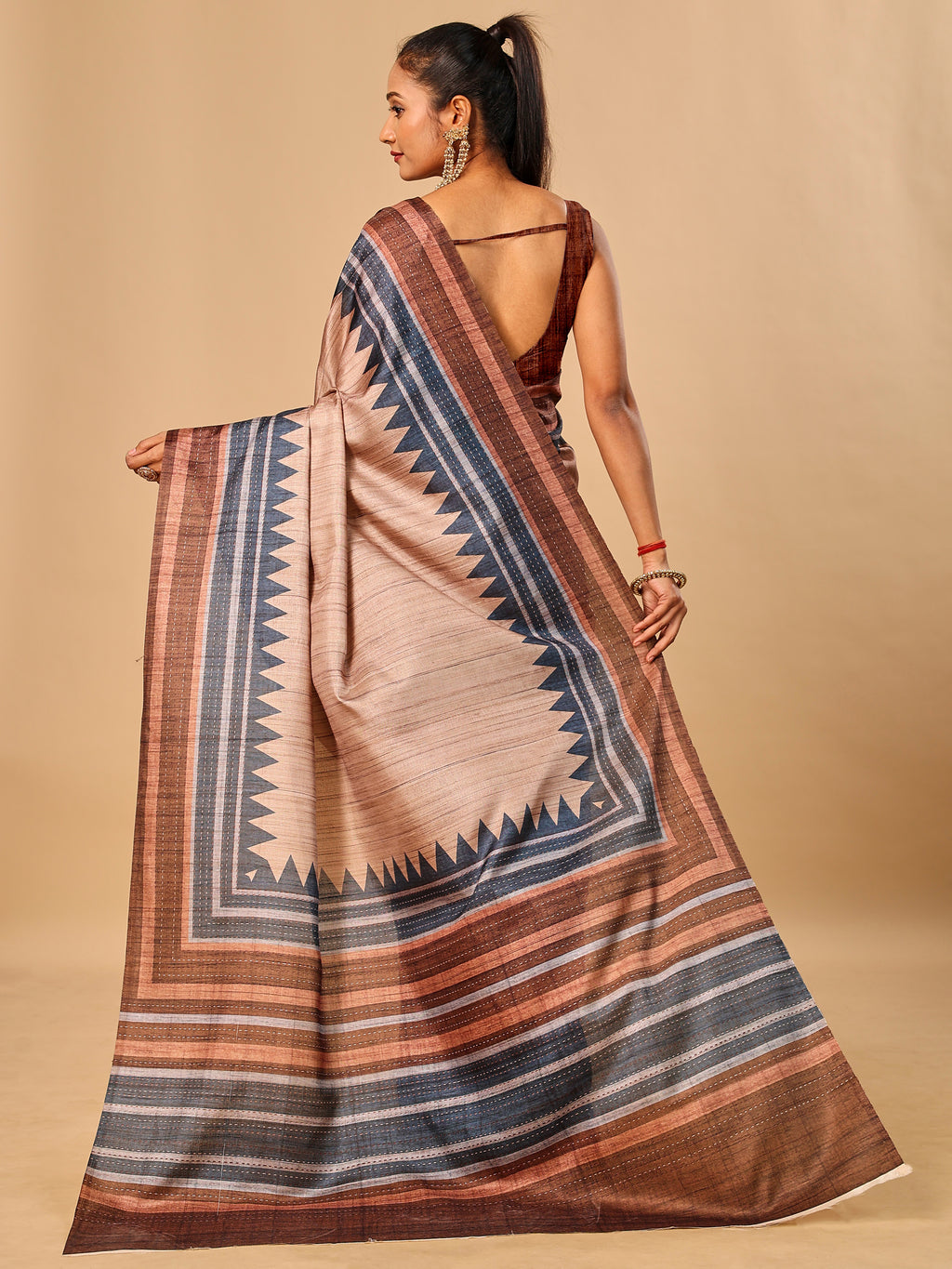 Brown Soft Tussar Silk Kantha Stitch Printed Saree with Temple Border