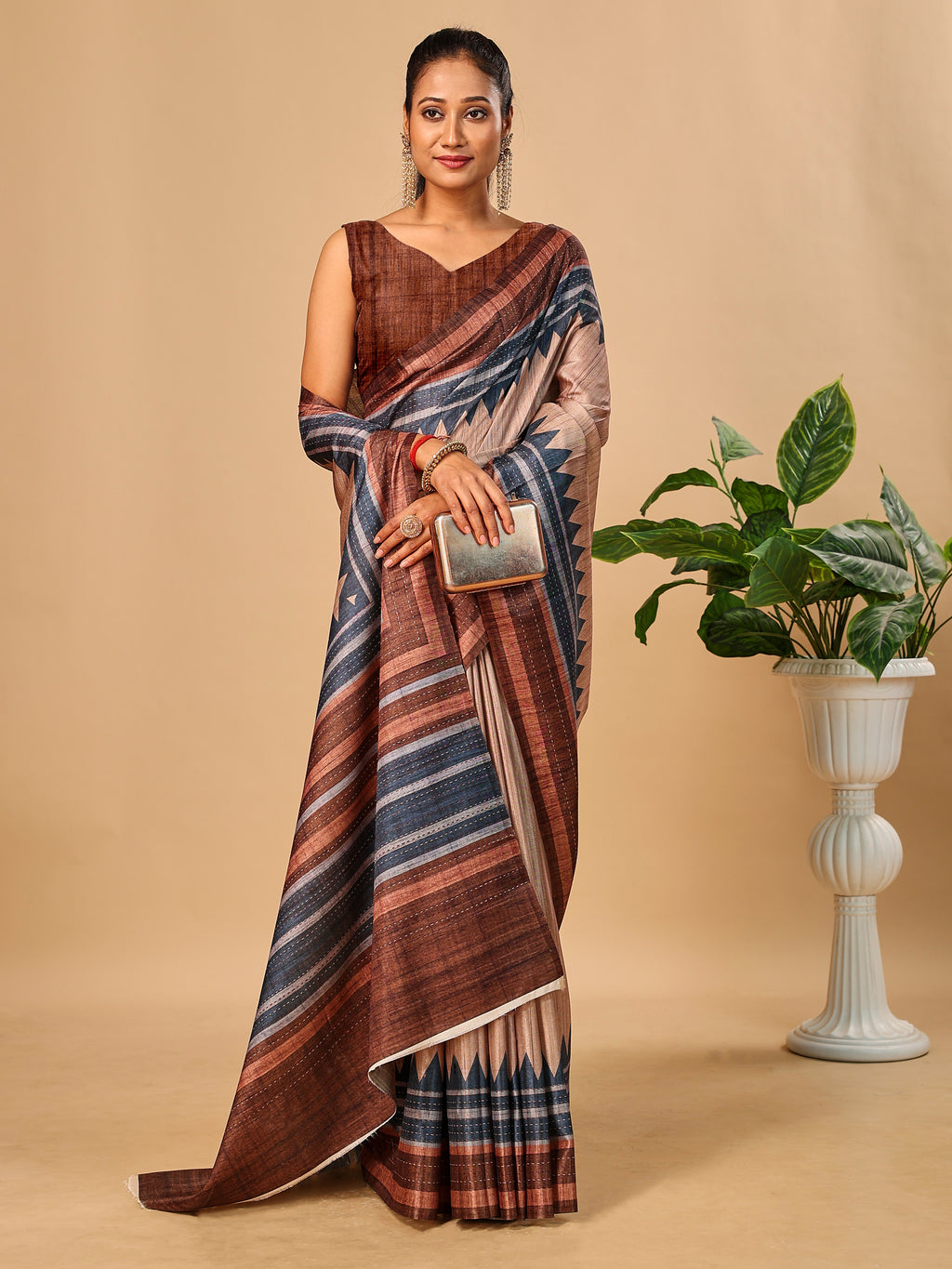 Brown Soft Tussar Silk Kantha Stitch Printed Saree with Temple Border