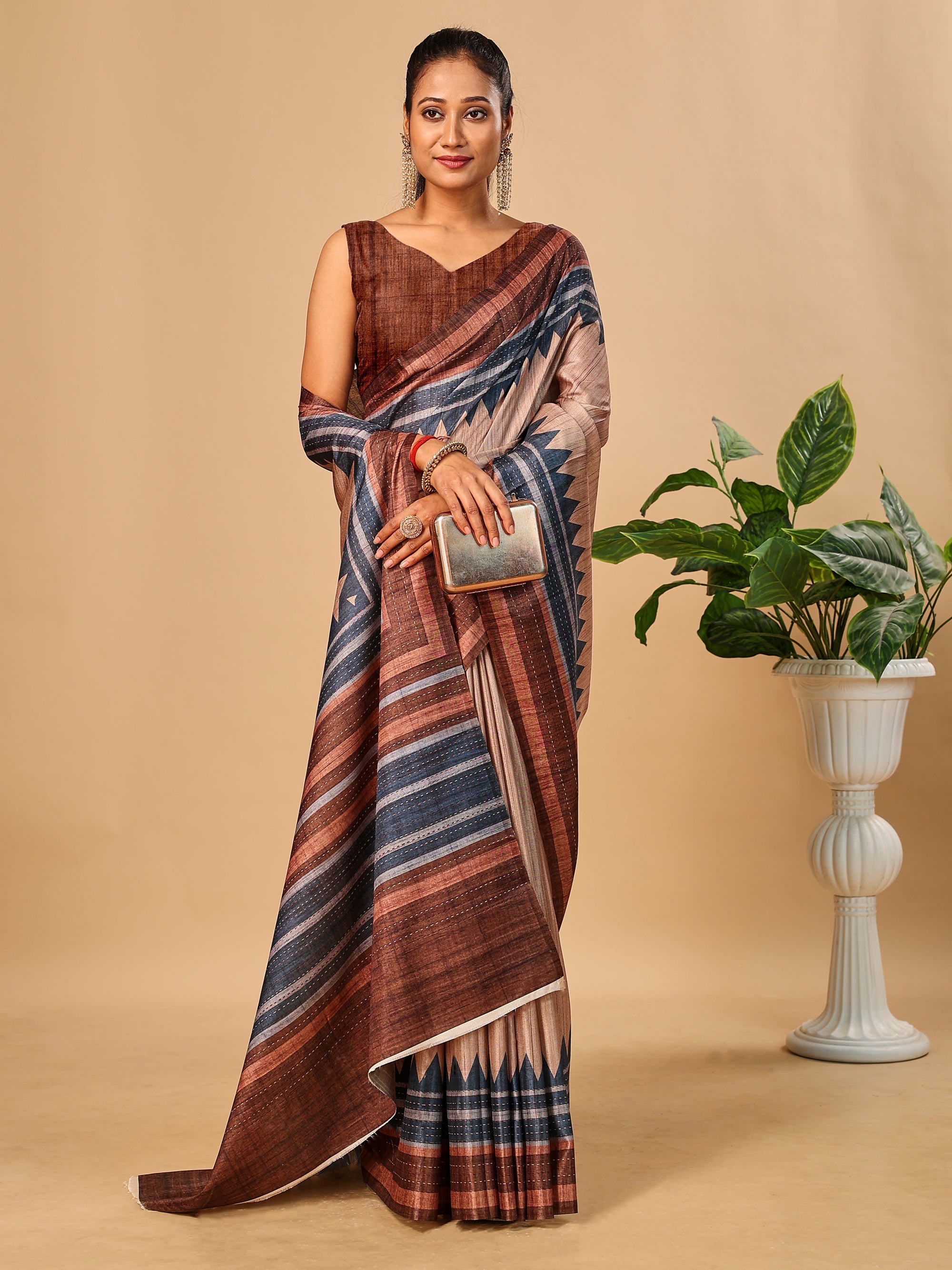 Brown Soft Tussar Silk Kantha Stitch Printed Saree with Temple Border