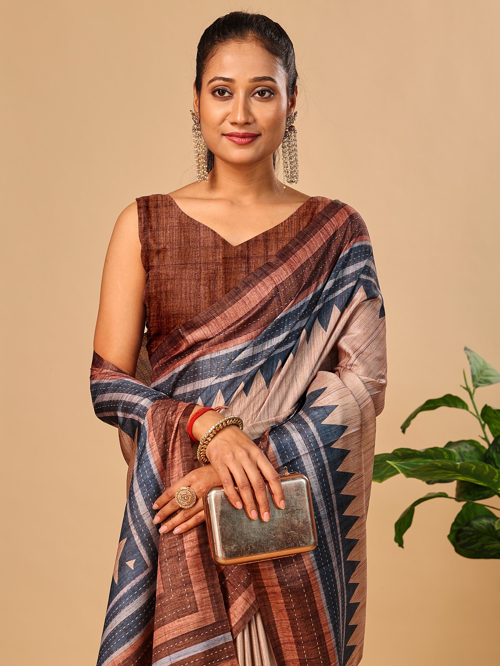 Brown Soft Tussar Silk Kantha Stitch Printed Saree with Temple Border