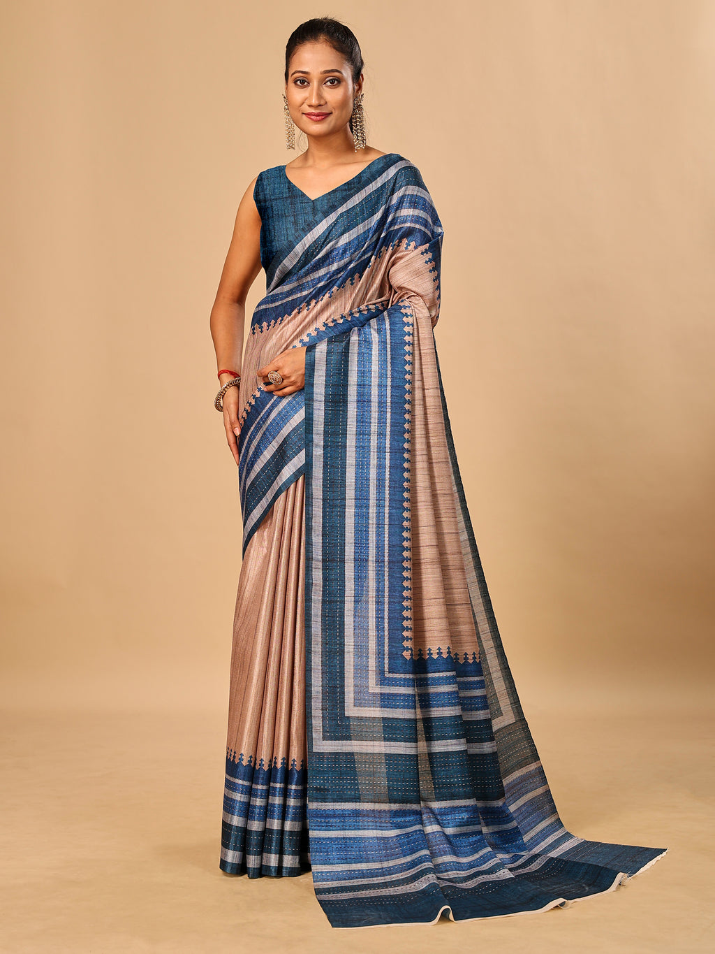 Blue Soft Tussar Silk Saree with Kantha Prints