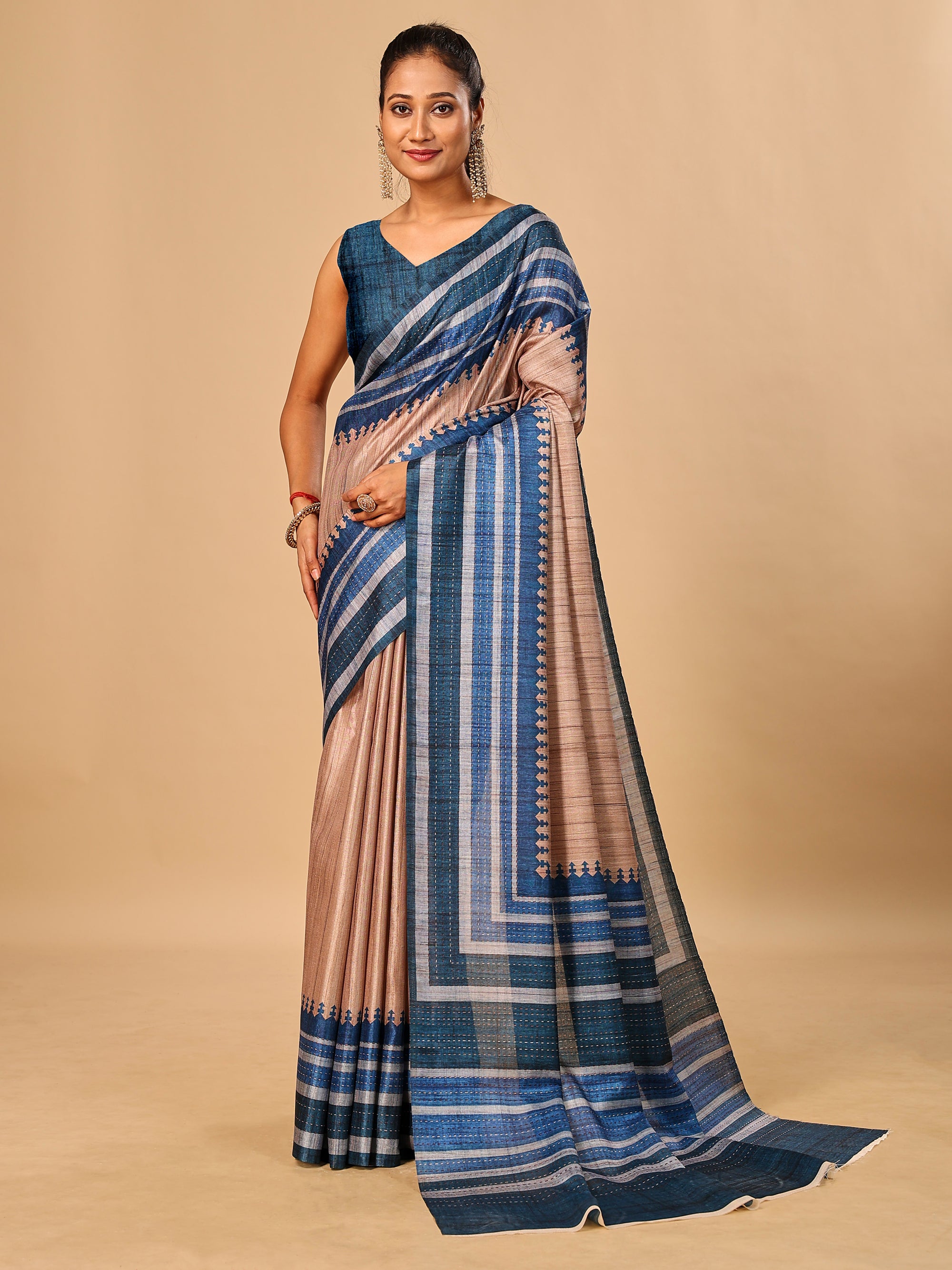 Blue Soft Tussar Silk Saree with Kantha Prints